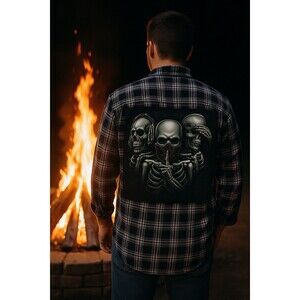 UPCYCLED Y2K Hear See Speak No Evil Skulls Black Flannel Shirt Grunge Shacket